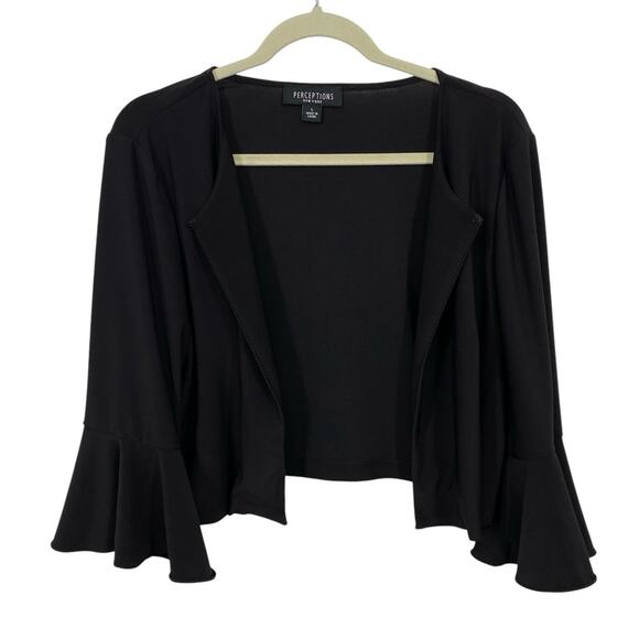 Perceptions Slinky Knit Crop Jacket Size Large Black 3/4 Bell Sleeve Shrug - Picture 1 of 9